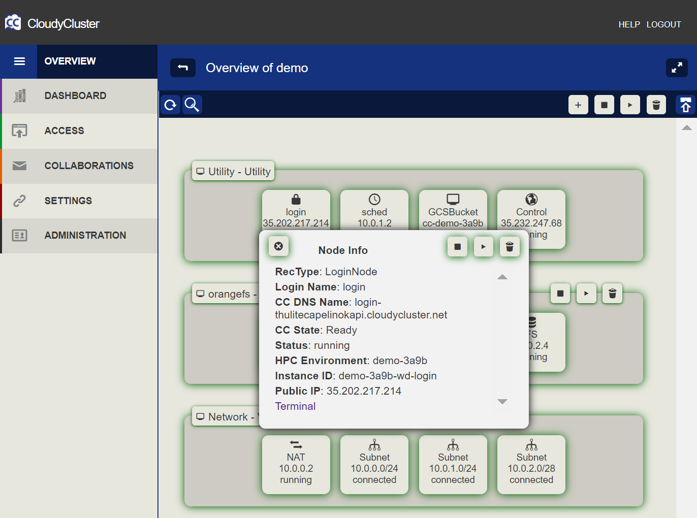 CloudyCluster Node Detail Window Image